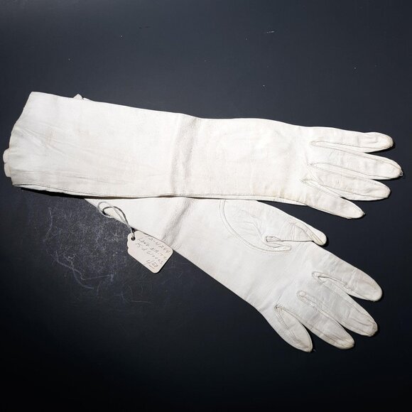 White Kid Leather Gauntlet Gloves Sz 6.5 Vintage 1950 13.5" - Picture 1 of 5